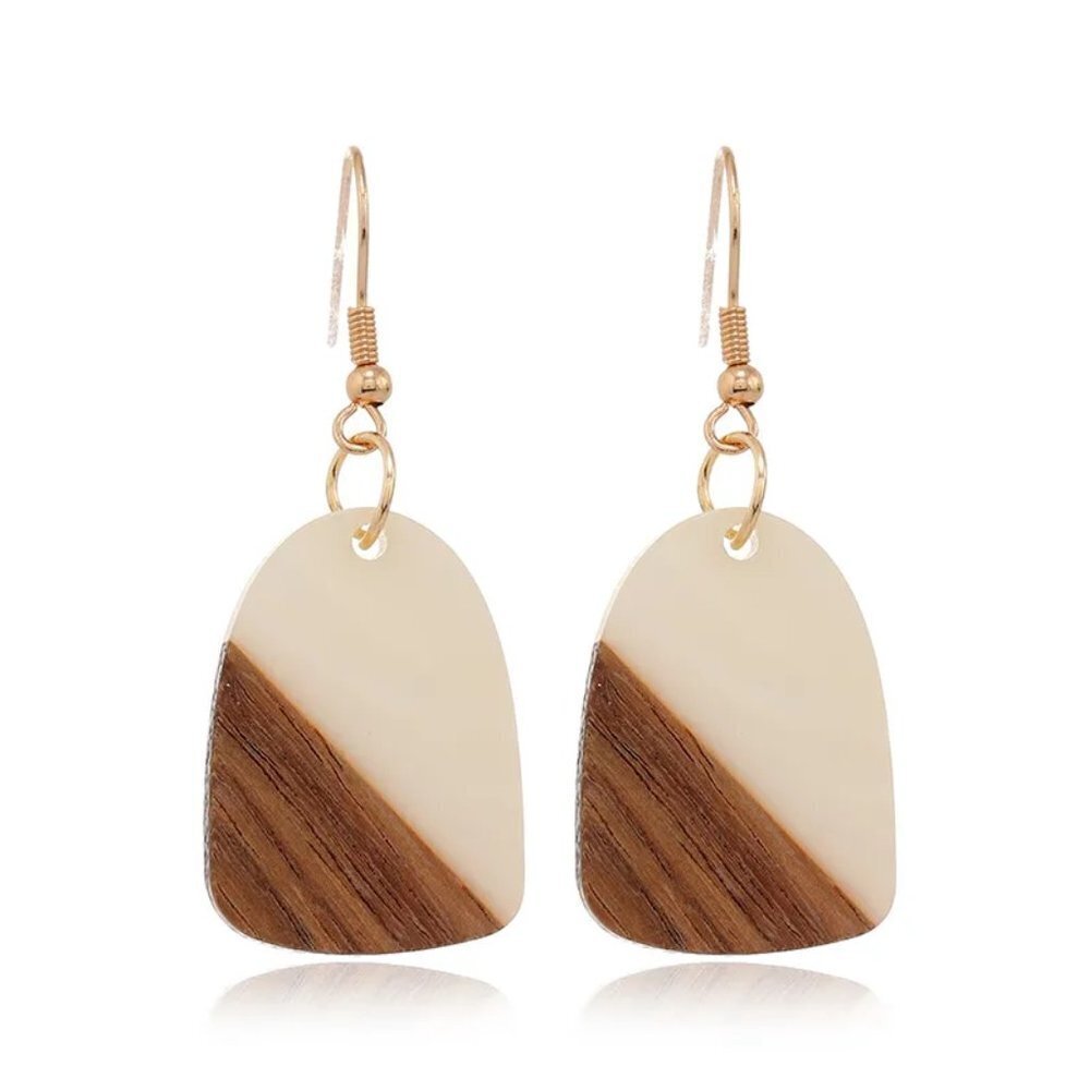 Minimalist Lightweight Ivory Resin and Wood Geometric Drop Earrings
